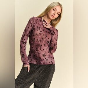 180B. Floral Mesh Long Sleeve Sheer Top - Burgundy